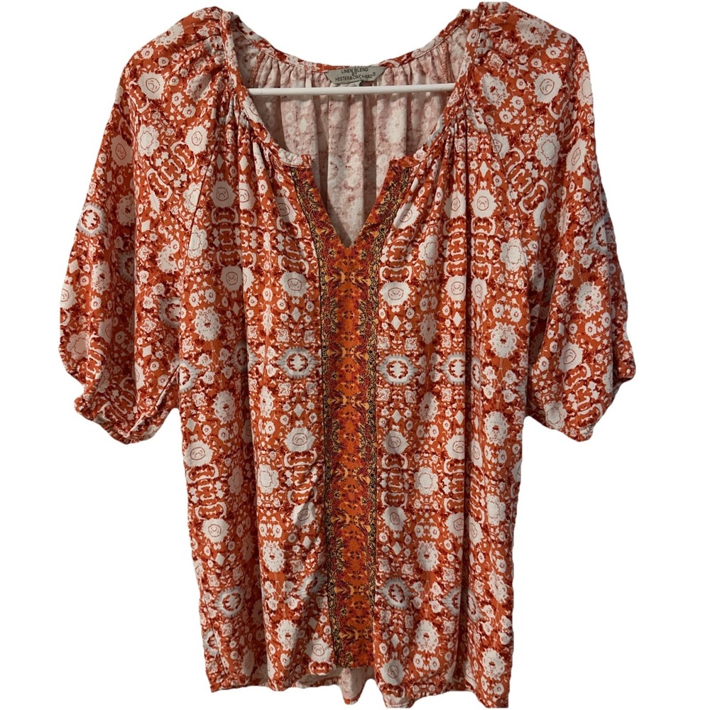 Hester & Orchard Linen Blend Blouse Rust Print Size Small prairie cottagecore